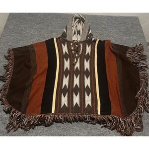 Vintage Cuddle Knit Poncho Womens One Size Hooded Southwestern Fringe Boho 70s